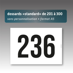 Lot de dossards - format A5 - numérotés de 201 à 300