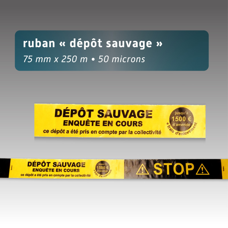 Rubalise plastique « Dépôt sauvage – Enquête en cours » jaune/noir 75 mm x 250 m